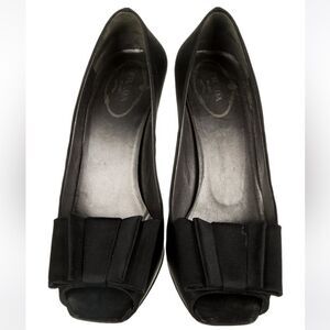 PRADA Black Peau de Soie Peep Toe Heels with Grosgrain Bows Size 6